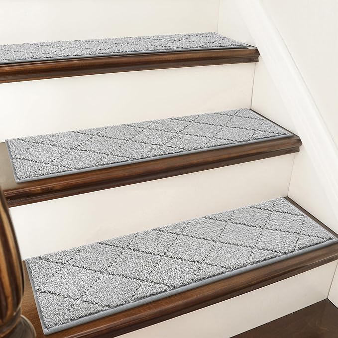 COSY HOMEER Edging Stair Treads Non-Slip Carpet Mat 28inX9in Indoor Stair Runners for Wooden Steps, Edging Stair Rugs for Kids and Dogs, 100% Polyester TPE Backing (7pc, Grey)