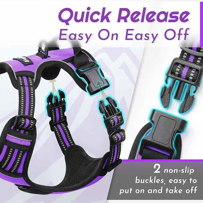 Eagloo Dog Harness for Large Dogs, No Pull Service Vest with Reflective Strips and Control Handle, Adjustable and Comfortable for Easy Walking, No Choke Pet Harness with 2 Metal Rings, Purple, L