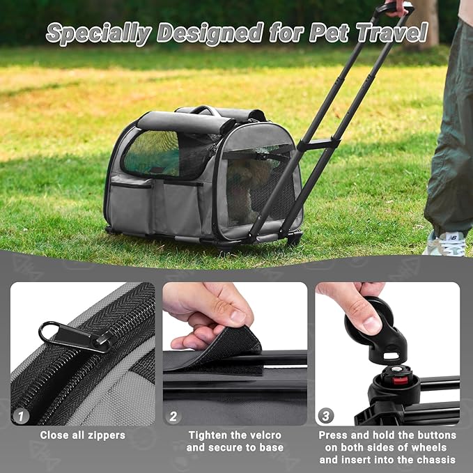 Large Pet Carrier with Wheels, Foldable Rolling Dog Carrier with Wheels and Big Pocket, Cat Rolling Bag 21"x13"x13" for 2 Cats &Dogs, for Travel, Outdoor, Vet Visits, Camping, Indoor. Gray