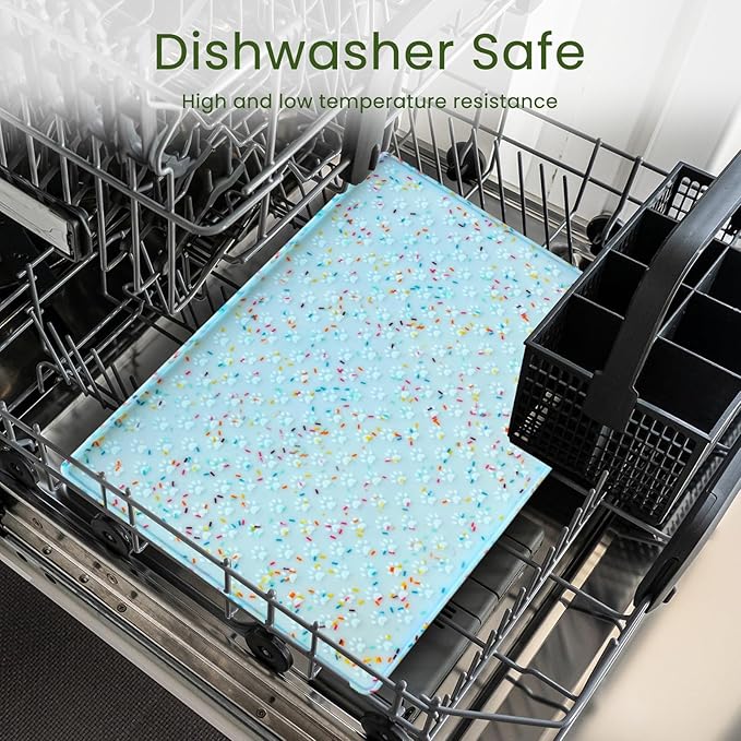 Ptlom Dog Food Mat Anti-Slip Dog Bowl Mats for Food and Water, Waterproof Pet Placemat Prevents Messy Spill to Floor, Silicone Puppy Feeding Tray for Small, Medium and Large Dogs Cats, Blue