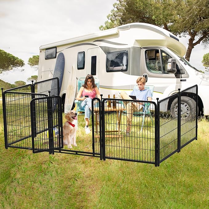Dog Playpen 48 inch(H) 8 Panels Total 17.7 Ft(L) Dog Fence Outdoor for Yard. Wide Door Low Threshold，Metal Dog Pen Heavy Duty Pet Puppy Exercise Pen for Rv Camping Garden Yard