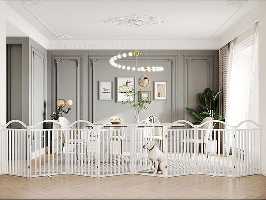BHG Metal No-Assembly Freestanding Dog Gate with Door Walk Through, Extra Wide 96", Extra Tall 32" Pet Gate, Accordion Puppy Folding Playpen Dog Fence, with 2PCS Support (White, 8 Panels)