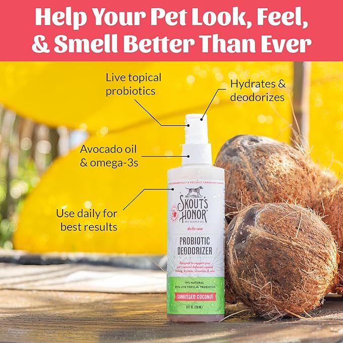 SKOUT'S HONOR Probiotic Pet Deodorizer Spray- Hydrating Daily-Use with Avocado Oil & Omega-3s, Microbiome Friendly Certiified, Paraben & Sulfate-Free, 97% Natural, 8oz, Sunkissed Coconut, 2-Pack