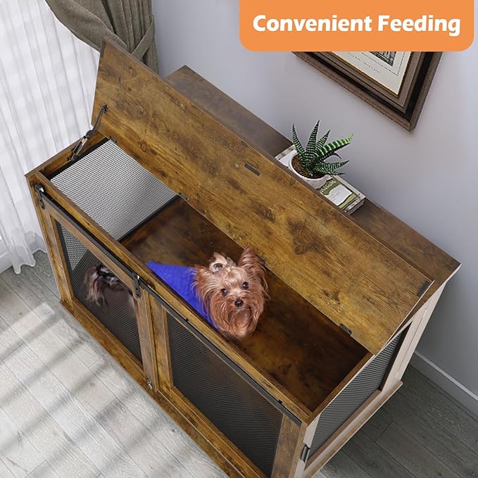 LINLUX 47 Inch Large Dog Crate Furniture, Wooden Heavy Duty XL Dog Kennel Indoor, Decorative Dog Cage Table for Large Dogs, with Sliding Doors, Wheels and Flip-top Plate, Rustic Brown