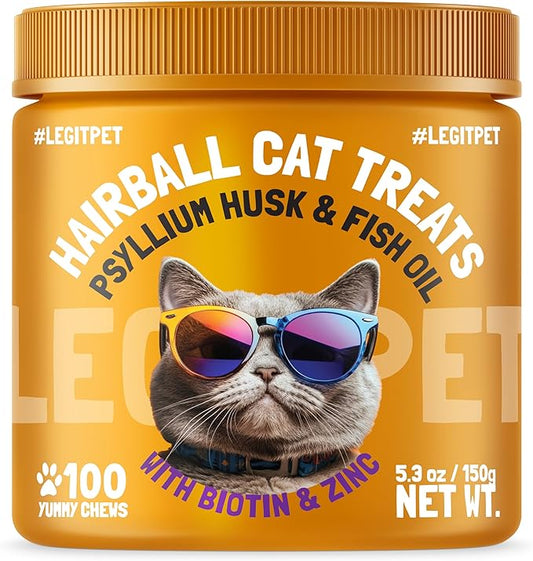Hairball Treatment for Cats Natural Remedy with Apple Pomace, Psyllium Husk Omega 3 6 Fatty Acids Zinc Biotin Cat Supplement for Indoor Cats Promotes Healthy Digestion Furball Control 100 Yummy Chews