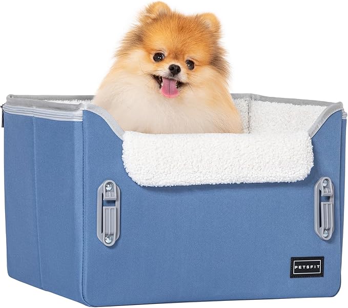 PETSFIT Small Dog Car Seat, Patent Safe Buckles Dog Booster Car Seat, Puppy Car Seat with Safety Belt, Suitable for Small Pets Up to 25lbs (Navy Blue)