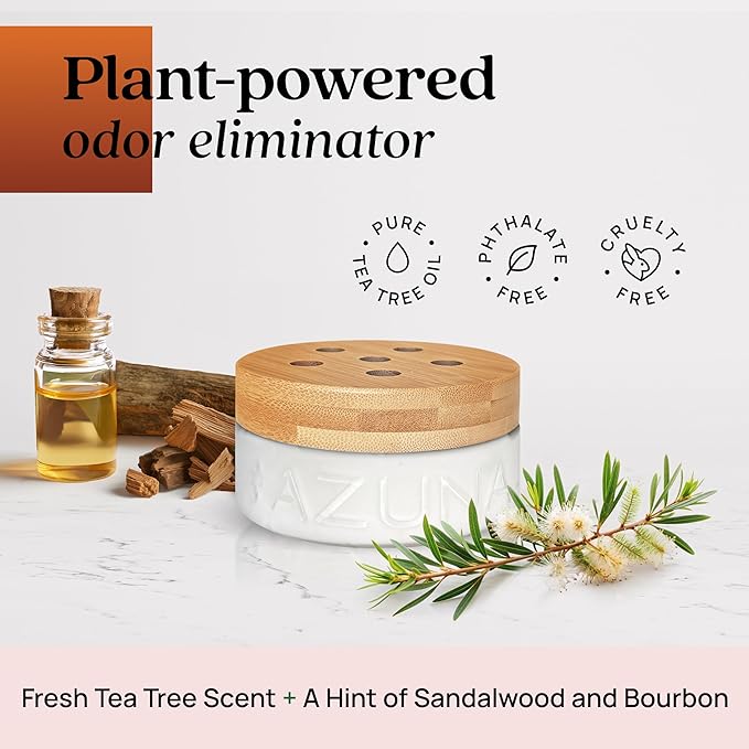Azuna Air Freshener & Odor Eliminator for Strong Odor | 1 Room Kit Includes (1) Empty Luxe Glass Jar & 8oz Refill with Tea Tree Essential Oil Gel | Sandalwood | Last 60-90 Days