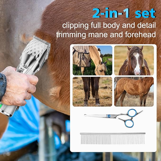 Horse Clippers, Cordless Trimmers Grooming Kit with 2500mAh Battery，Low Noise Heavy Duty Body Clipping Machine with LED Display, Suitable for Horse, Cattle, Cat, Dog with Thick/Tangled Coat