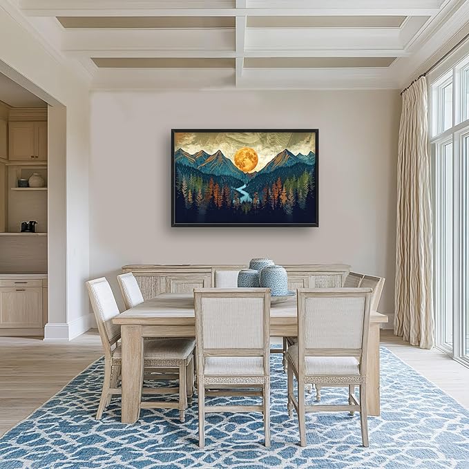 Quorin Boho Mountain Large Wall Art Mountain Landscape Pictures Moon Pine Tree Forest Lake Wall Decor Nature Canvas Print Painting Artwork for Bathroom Living Room Bedroom 36L x 24W