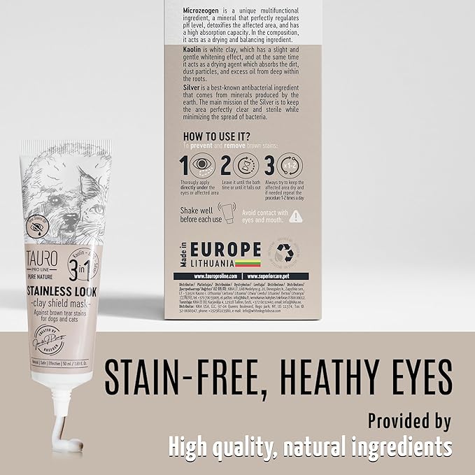 Tauro Pro Line Clay Tear Stain Remover for Dogs - Shield Mask for Eyes, Ears, Mouth, Gentle Grooming Product for Dogs, Puppy & Cat (Stainless Look - 1.69 Fl Oz)