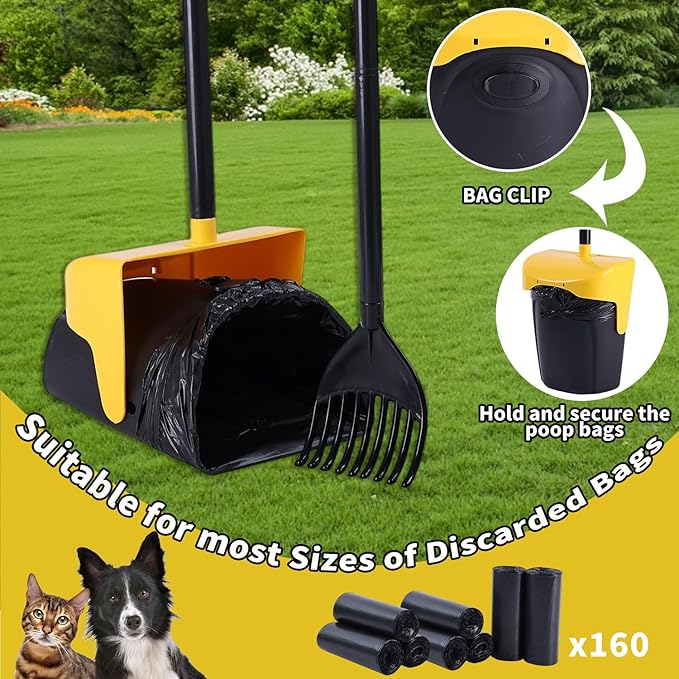 Pooper Scooper Large Swivel Bin & Rake with 160 Waste Bags,Heavy Duty Dog Pooper Scooper with Bag Attachment for Large Small Dogs, Long Handle Poop Scooper with Lid for Yard, Grass, Gravel (Yellow)