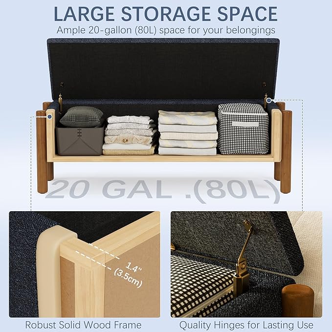 Modern Storage Benches with Walnut Wood Legs, 47'' Ottoman Bench with 20 Gallons Storage Space for Bedroom End of Bed, Fabric Upholstered Entryway Bench with Seating for Livingroom, Blue