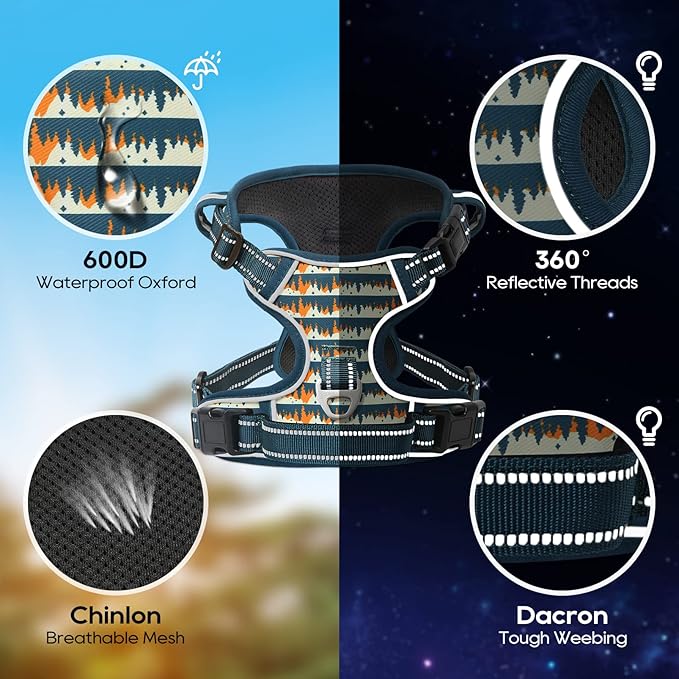 Timos Dog Harness, NO Need Go Over Dogs Head 3 Snap Buckles with 2 Leash Clips, Adjustable Soft Padded No-Pull Dog Harness, Reflective No-Choke Pet Oxford Vest for Small Medium Large Dogs