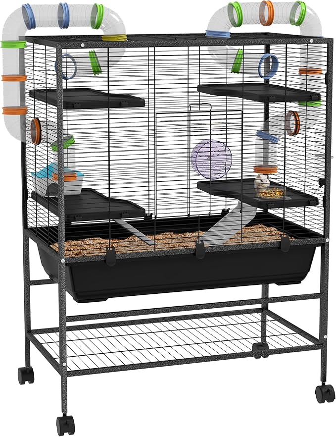 PawHut 32" Large Hamster Cage with Storage Shelf, Rat Cage for Syrian Hamster, Gerbils, with Tubes, Running Wheel, Food Dish, Water Bottle