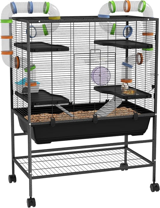 PawHut 32" Large Hamster Cage with Storage Shelf, Rat Cage for Syrian Hamster, Gerbils, with Tubes, Running Wheel, Food Dish, Water Bottle