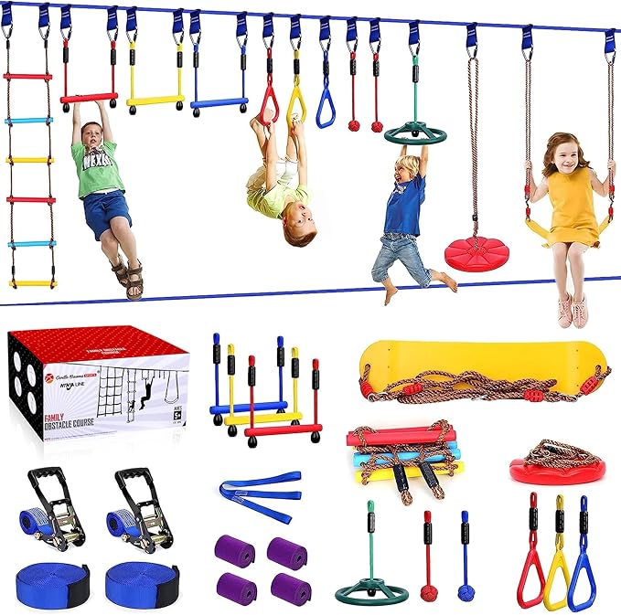 2x65 FT Ninja Warrior Obstacle Course for Kids with 13 Ninja Accessories - 600lbs Weight Capacity, Slackline with Swing Seat, Disc Swing, Ninja Wheel, Rope Ladder, Monkey Bar, Ninja Ring, Arm Trainer