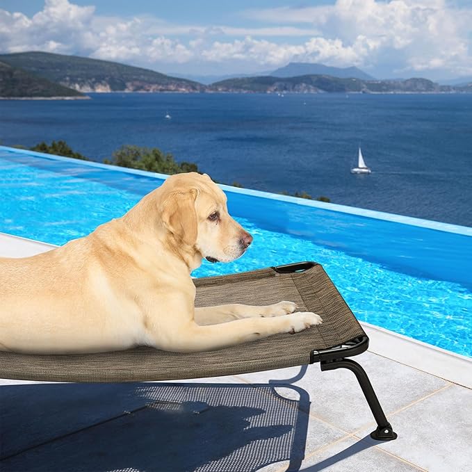 Veehoo Outdoor Elevated Dog Bed, Cooling Raised Dog Cots Beds for Large Dogs, Portable Waterproof Curved Dogs Hammock Bed for Outside, up to 120lbs, Black Legs, Brown 42"