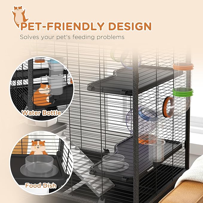 PawHut 32" Large Hamster Cage with Storage Shelf, Rat Cage for Syrian Hamster, Gerbils, with Tubes, Running Wheel, Food Dish, Water Bottle