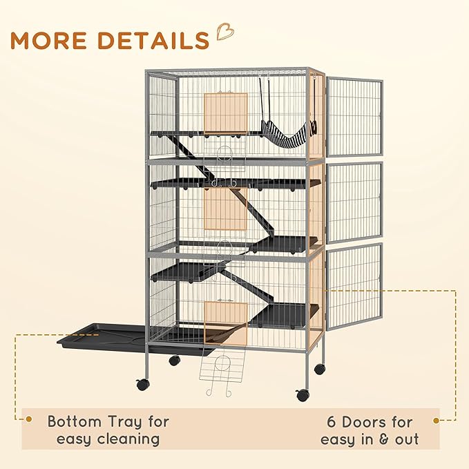 PawHut 63" 6-Tier Small Animal Cage, Ferret Cage, Large Chinchilla Cage with Hammock Accessory & Heavy-Duty Steel Wire, Small Animal Habitat with 6 Doors, Removable Tray, Gray