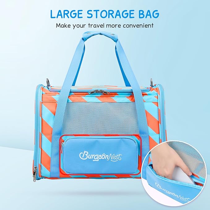 BurgeonNest Cat Carrier, Dog Cat Carriers for Large Medium Cats Under 20 lbs, Soft Sided Pet Carrier, Collapsible Travel Carry Puppy Kitten Cat Carrier with Big Side Bag (Medium, Blue-Orange)