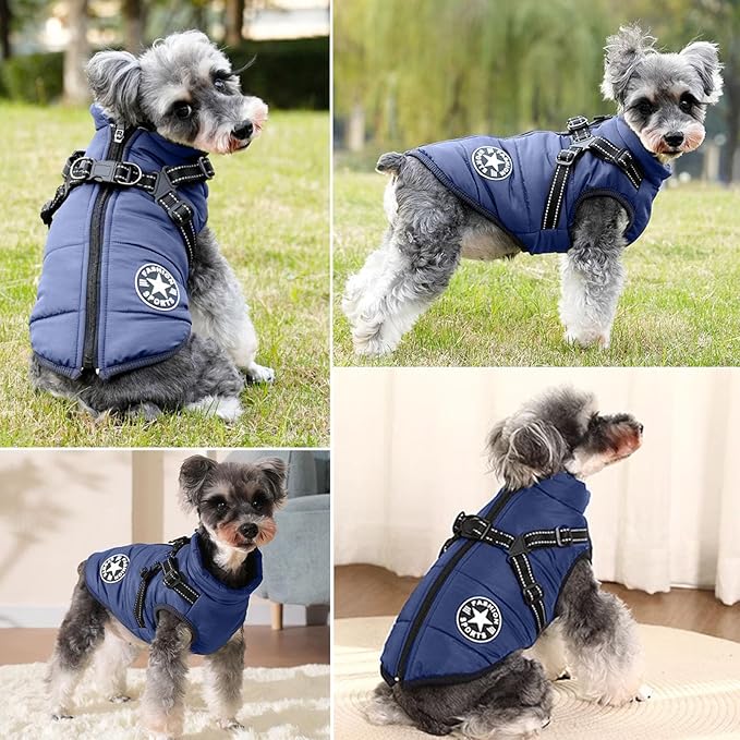 HDKUW Small Dog Jacket, Small Dog Coat Harness Winter Warm Vest Jacket Waterproof Cotton Costume for Puppy Small Dogs (L, Blue)