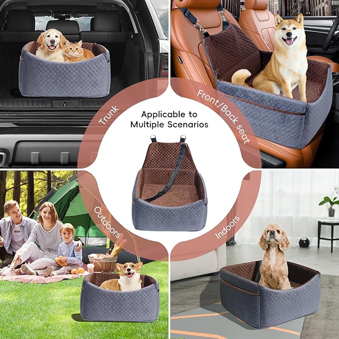 Dog Car Seat for Small Medium Dogs, Soft Fabric Dog Booster Seat with Storage Pockets, Safety Belt, Comfy Pet Car Seat Travel Bed, Removable and Washable