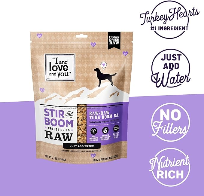I AND LOVE AND YOU Stir and Boom Dehydrated Freeze Dried Raw Dog Food - Turkey - Grain Free, Real Meat, No Fillers, 1lb Bag