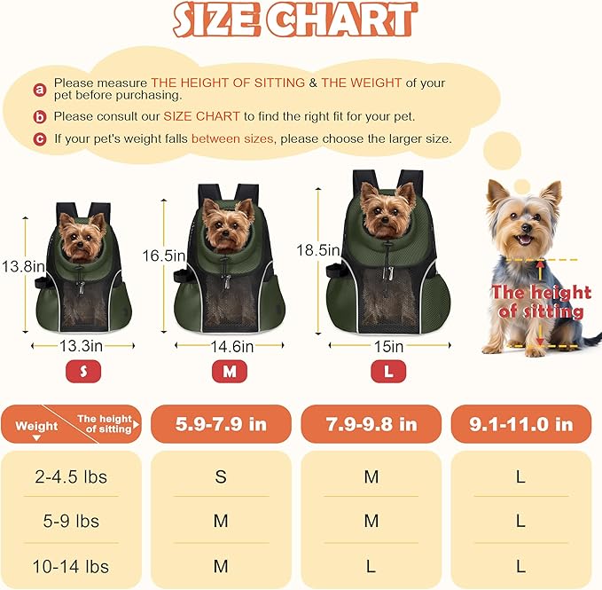 WOYYHO Pet Dog Carrier Backpack Small Dog Front Backpack Ventilated Mesh Dog Travel Back Pack with Safety Belt for Travel Hiking Cycling Outdoor Adventures (Size L: 10-14 lbs, Army Green)