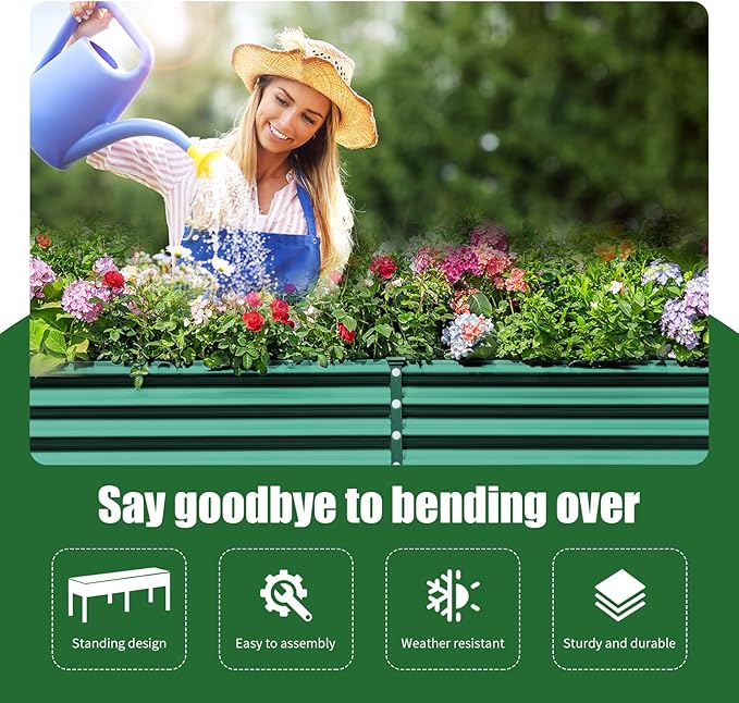 Land Guard Galvanized Raised Garden Bed with Legs, 96×24×32in Raised Garden Beds Outdoor with Drainage Holes, Planter Boxes Outdoor for Backyard, Patio, Balcony, 800lb Capacity, Green