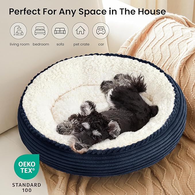Love's cabin Round Donut Cat and Dog Cushion Bed, 25in Pet Bed for Small or Medium Dogs, Anti-Slip & Water-Resistant Bottom, Soft Durable Fabric Pet Beds, Washable Calming Cat Bed Navy Stripe