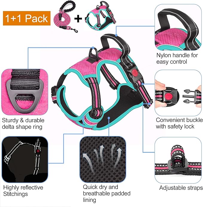 No Pull Dog Harness Adjustable Reflective Oxford Easy Control Medium Large Harness with A Free Heavy Duty 5ft Leash
