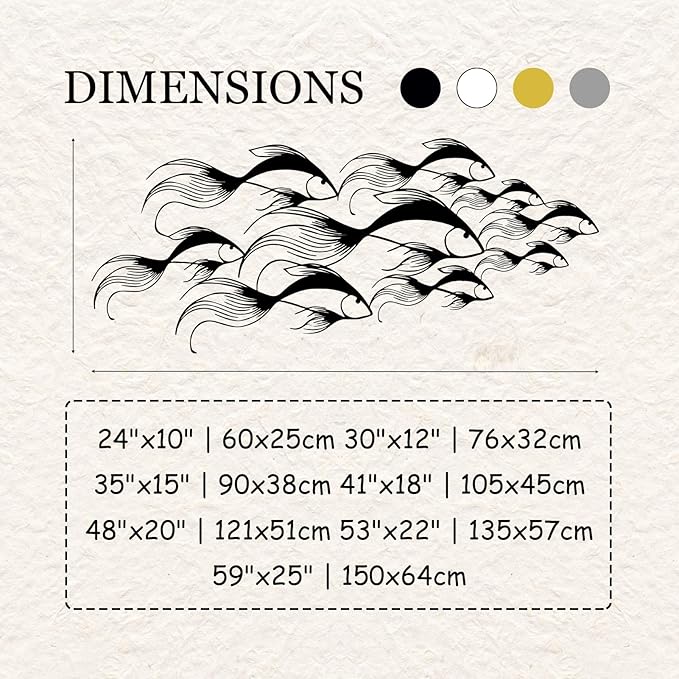 School of Fish Metal Wall Art, Metal Fish Wall Decor, Sea Life Wall Art, Large Nautical Wall Hanging, Modern Beach House Wall Decor, Ocean Themed Artwork for Bathroom (Black, 59"x25" | 150x64cm)