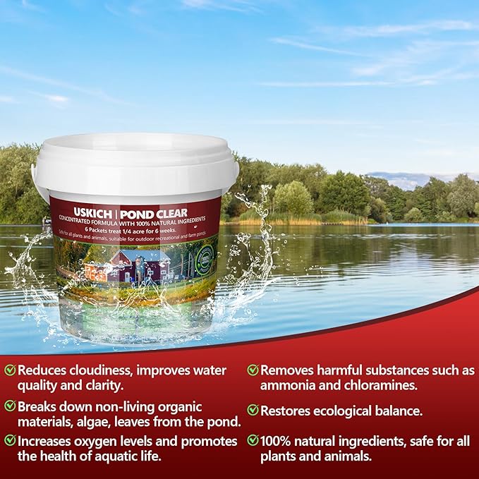 Pond Clear Water Treatment,6 Packets Natural Pond Water Clear for Lakes,Beneficial Bacteria & Enzyme Clarifier Treatment to Improve Water Clarity & Eliminate Odor,Safe for Fish