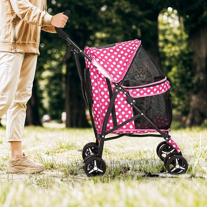 Magshion Compact Pet Stroller for Small-Medium Dogs/Cats up to 22lbs, 4-Wheel Lightweight Umbrella Shaped Portable Puppy Travel Jogger with Breathable Mesh & Rear Storage, Pink Polka Dots