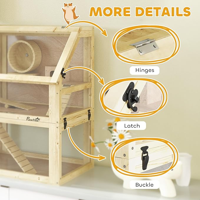 PawHut Wooden Hamster Cage, 3 Tier Small Animal Cage with Detachable 12.6" Deep Bottom, Hut, Seesaw, Exercise Wheel, Ramps, Hamster Habitat for Dwarf, Gerbil, 24" x 16" x 29.5"