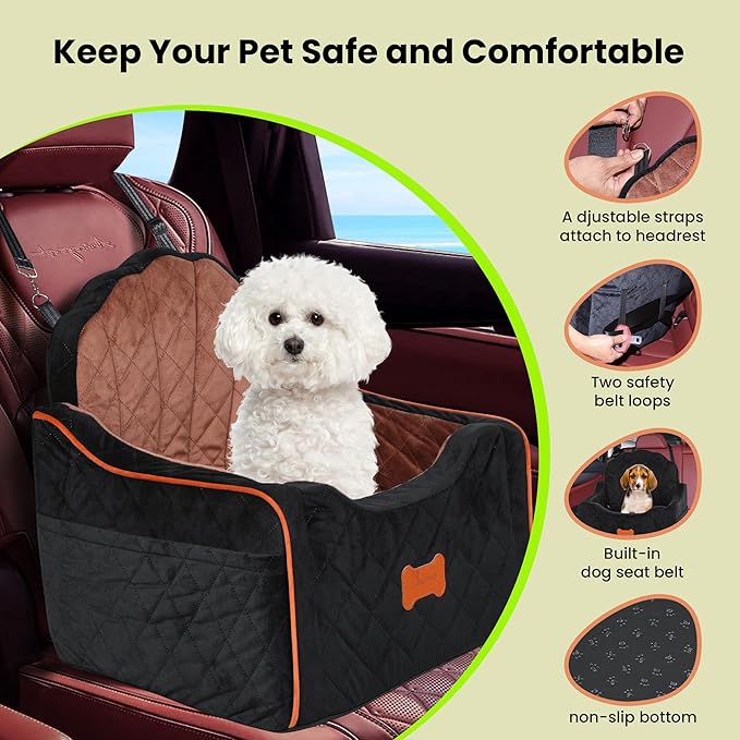 Dog Car Seat for Small Dogs Under 30lbs, Detachable Washable Pet Booster Seat with Safety Belt & Storage Pockets, Travel Car Bed, Black/Brown
