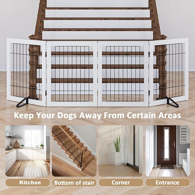 Dog Gate Indoor, Metal Dog Gates for Doorways House, 24-Inch Freestanding Pet Gates for Dogs, Puppy Fence (4 Panel, White)