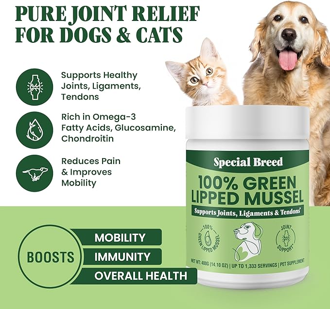 Special Breed Green Lipped Mussel Powder for Dogs & Cats - 100% New Zealand Green Lipped Mussels - Natural Hip & Joint Supplement for Joints, Tendons, Ligaments, Muscles - 400 Grams - 1,333 Servings