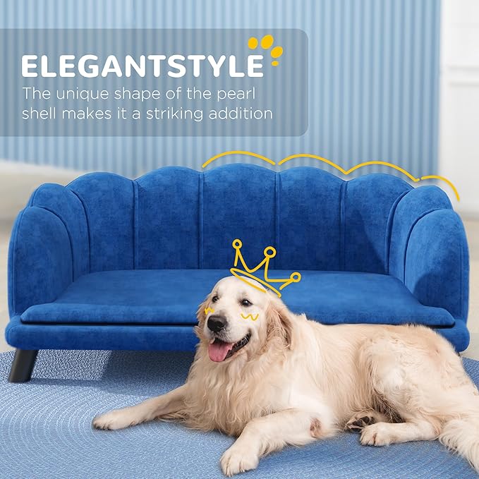 PawHut Velvet Large Dog Couch with Foam Cushion, Soft and Cute Bed with Pearl Design, Sofa for Big and Medium Dogs, Dark Blue