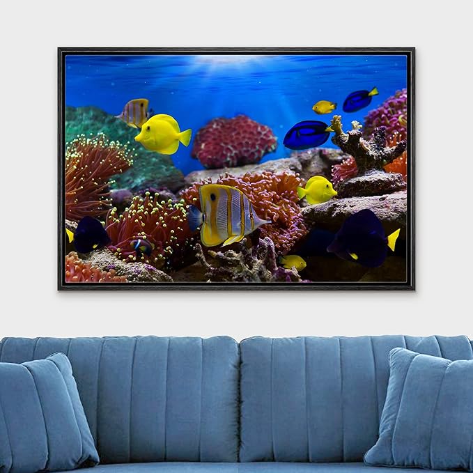 wall26 Framed Canvas Wall Art - Coral Reef and Tropical Fish Under The Ocean | Modern Home Art Framed Canvas Prints Gallery Wrap Giclee Printing & Ready to Hang - 24"x36" Black