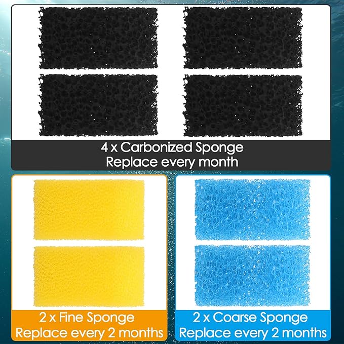 Replacement Aquarium Filter Sponge, Fish Tank Filter Replacement Parts, Including 2 x Coarse Sponge, 2 x Fine Sponge & 4 x Carbonized Sponge