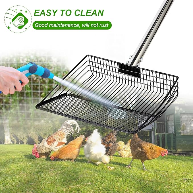 10inch Large Metal Chicken Poop Scooper, 36" to 75" Long Chicken Coop Litter Scoop with Stainless Steel Adjustable Handle, 4 in 1 Detachable Litter Sifting Shovel Scoop for Chicken Coop Accessories