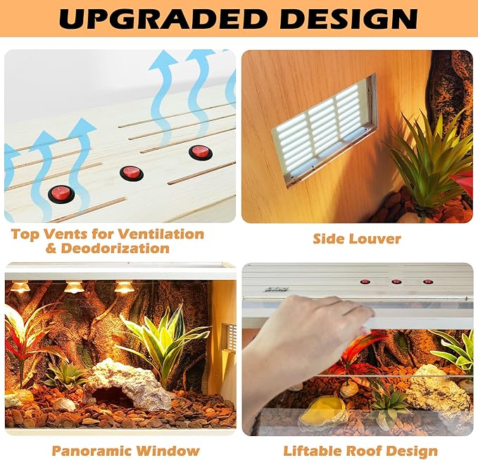 Prolee Bearded Dragon Tank, Reptile Enclosure, Snake Tank, Reptile Terrarium, Built-in Light Fixtures with Switch, (37 Gallon, 40" Long, Thick Wood Roof)