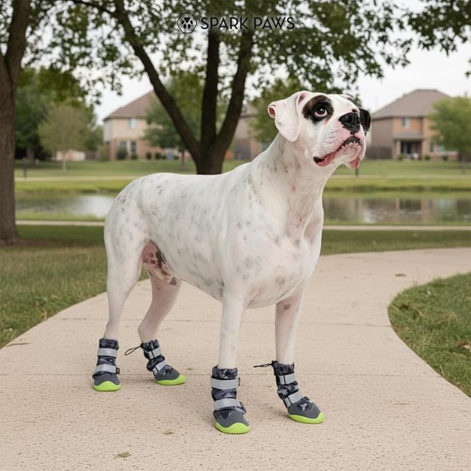 Spark Paws Dog Shoes, Waterproof Dog Boots for Medium to Large Dogs, Non Slip, Breathable Dog Booties and Paw Protectors - 4PCS Doggie Hiking Boots with Reflective Straps, Gray Camo, Size 7
