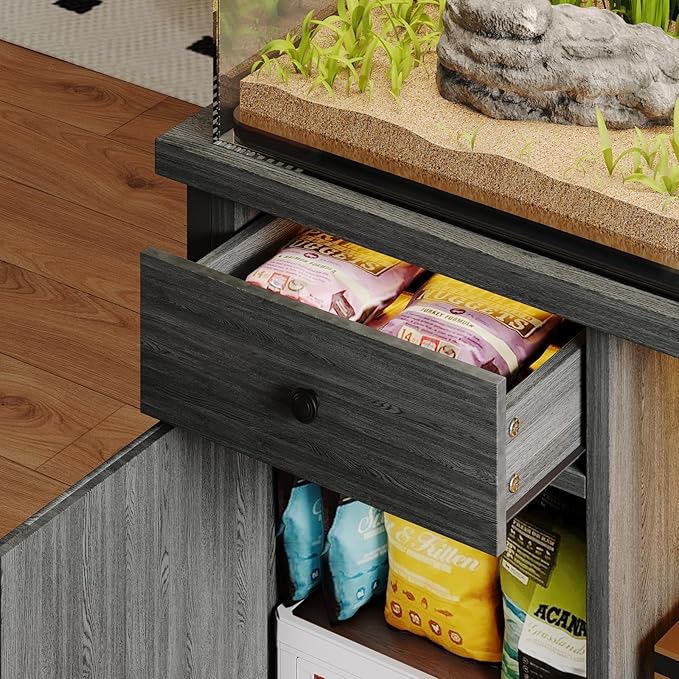 4ever2buy 55 Gallon Fish Tank Stand with LED Light & Power Outlets, 55-75 Gallon Aquarium Stand with Drawer & Barn Door, Cabinet for Fish Tank Accessories Storage for Reptile Tank, Turtle Tank, Gray