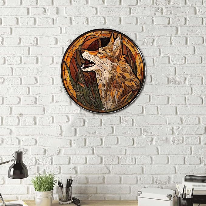 Lygond Metal Sign Tin Sign Circular Stained Glass Coyote Gardening Poster for Home Decor 8×8 Inches