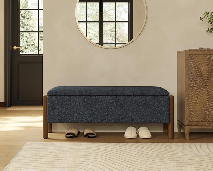 Storage Ottoman Bench, End of Bed Bench for Bedroom, 47" Boucle Upholstered Entryway Shoe Seat Bench, Holds up to 660 lb Storage Ottoman, Padded Blanket Chest Stool Foot Rest for Living Room Blue