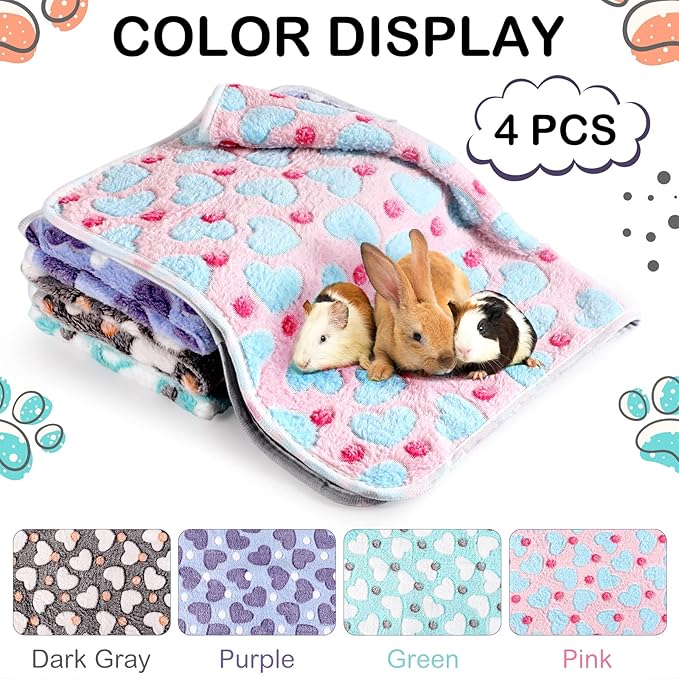 Reginary 4 Pcs Waterproof Guinea Pig Blankets Washable Small Animal Fleece Bedding Absorbent Guinea Pig Cage Liners Reusable Pet Pee Pad Sleep Mat for Hamster Ferret(Heart Pattern,35 x 24 Inch)