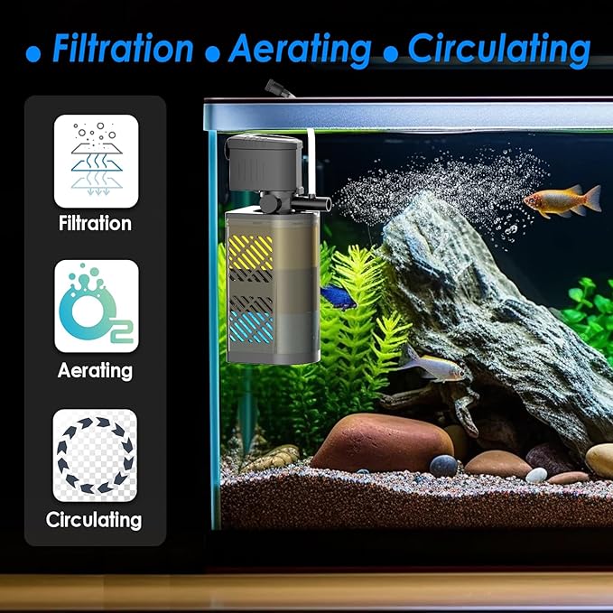 Submersible Aquarium Filter 3-Stage Fish Filter for Fish Tank, Turtle Filter Fish Tank Filter with Aeration & Dual Water Outlet, Turtle Tank Filter Pump for 10-40 GAL Aquariums