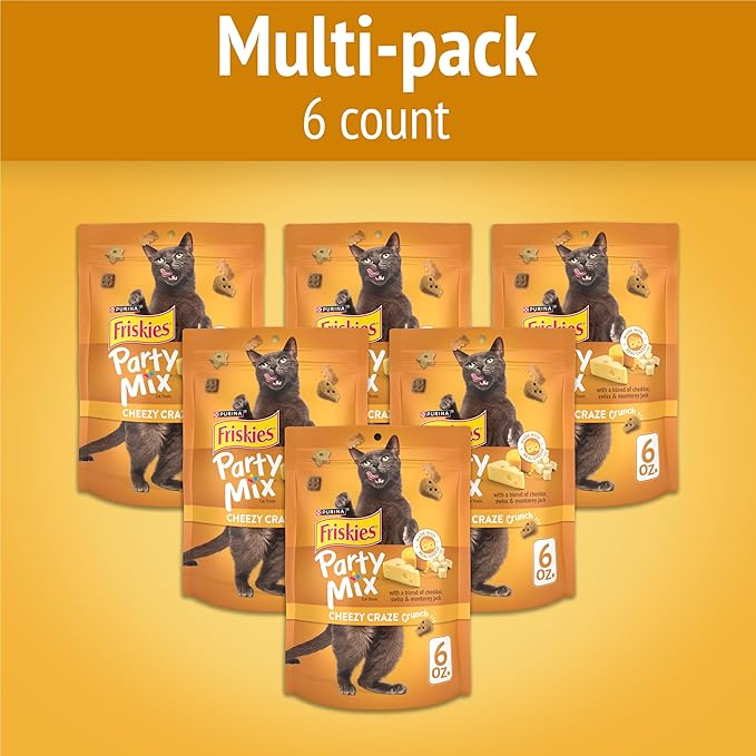 Purina Friskies Cat Treats, Party Mix Cheezy Craze Crunch - (Pack of 6) 6 oz. Pouches
